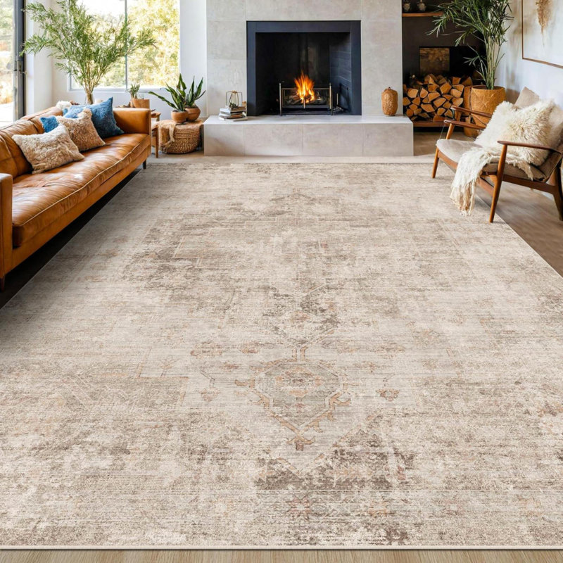 Tan Rugs For Living Room -  Vintage  Floor Carpet Rug For Dining Room Under Table, Washable Non Slip With Rubber Backed