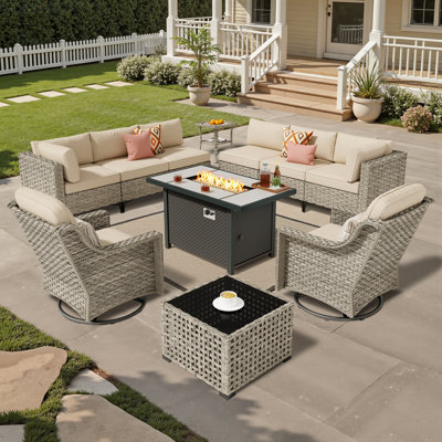 Ensemble de conversation pour patio 11 pièces avec canapé modulaire modulaire, chaises berçantes pivotantes et table foyer