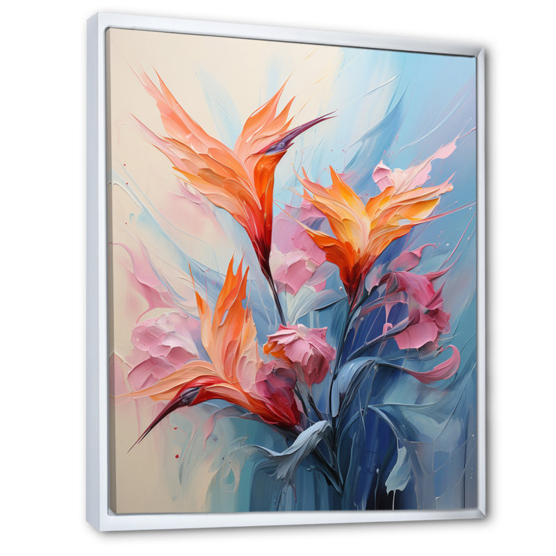 Oiseaux de paradis I - décoration murale florale et botanique, H 32 po x l 24 po x P 1 po, Cadre flottant blanc
