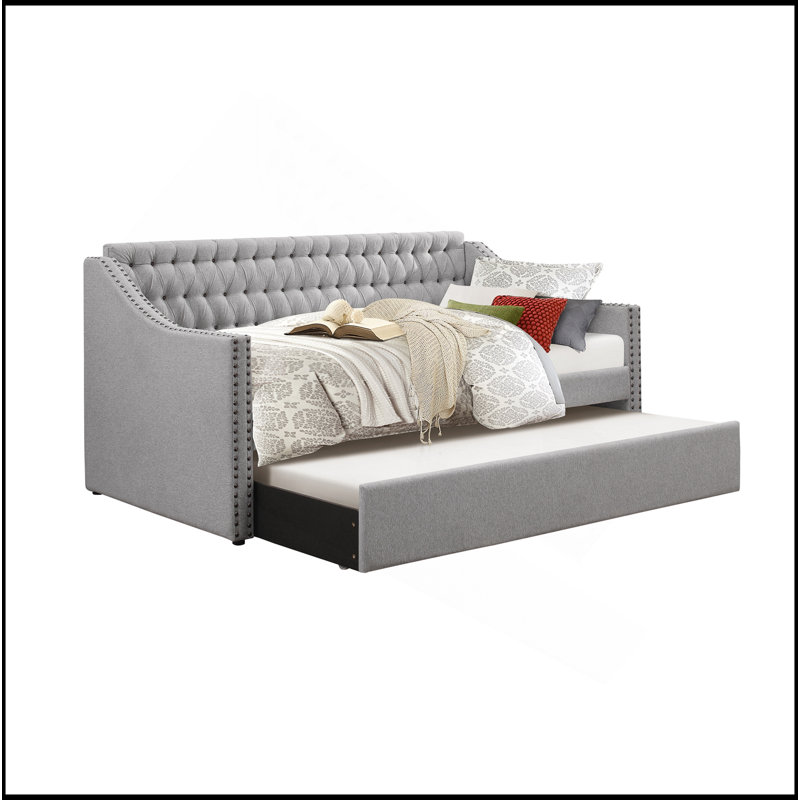 Button-Tufted Detail Nailhead Trim Upholstery Daybed with Trundle, Twin, Light Gray