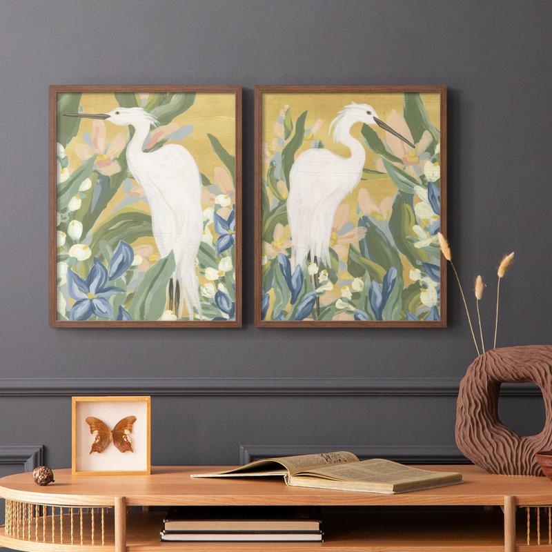 Floral Egret I-Premium, reproduction encadrée prête à accrocher - aucun clou requis - aucun clou requis, H 29 po x l 46 po