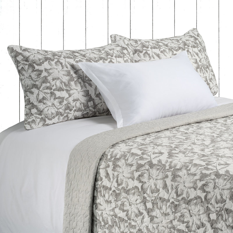 Ensemble de courtepointe floral gris et blanc Maison, Courtepointe pour grand lit + 2 taies décoratives