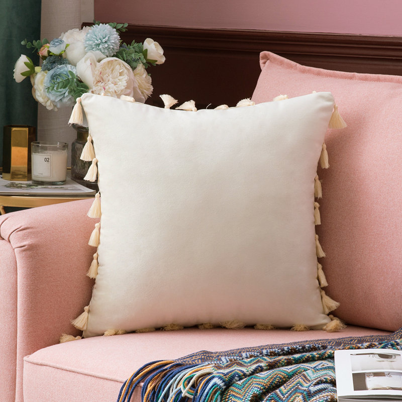 Coussin carré en velours, H 20 po x l 20 po x P 1 po, polyester, Crème, crème
