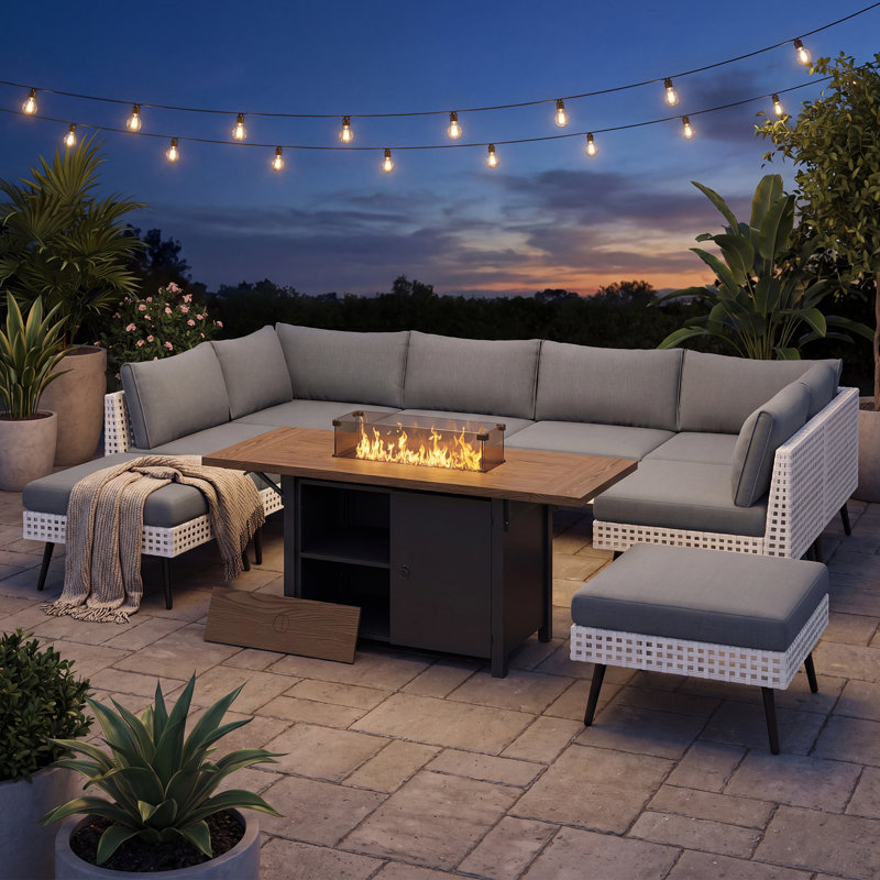 9 Piece Premium Patio Hollow Wicker Sectional Conversation Set With 55 Inch Fire Pit Table
