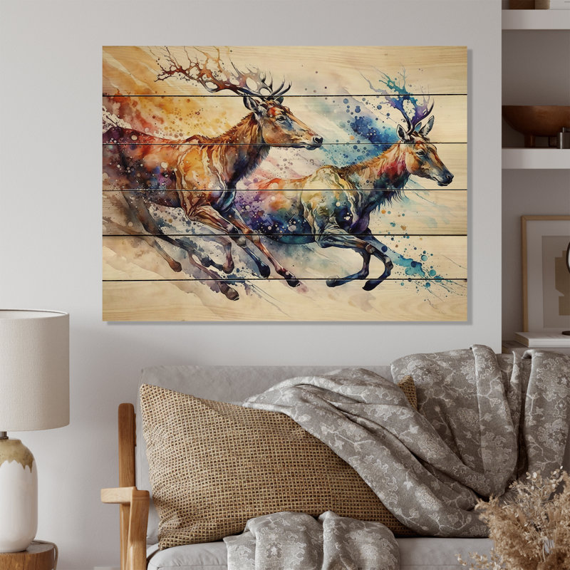 Cerfs de Melra qui courent - Impression sur bois sans cadre, H 16 po x l 32 po x P 1 po