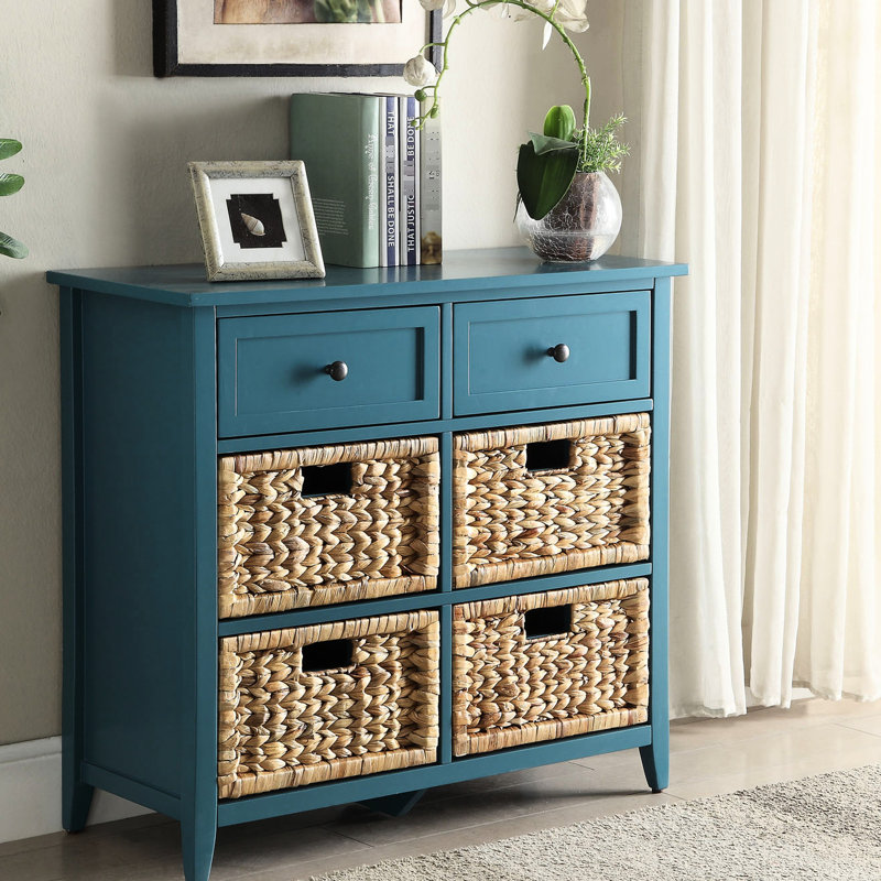 Console de couleur bleu sarcelle: espace de 6 tiroirs, devant de panier, bois, glissière en métal lisse Fonctionnalité de rangement: tiroirs, panier, cadre en bois