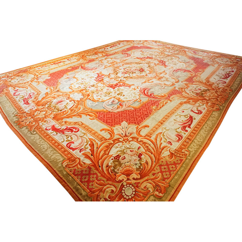 Tapis large en laine antique à tissage plat Aubusson