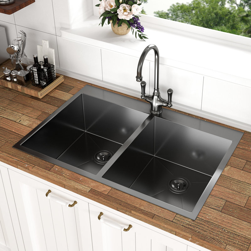 Gunmetal Black Double Bowl Drop In Sink - 33X22, 18 Gauge Stainless Steel, Quality Assurance Steel 33"X22" Black, Bowl, Elegant Basin Kitchen