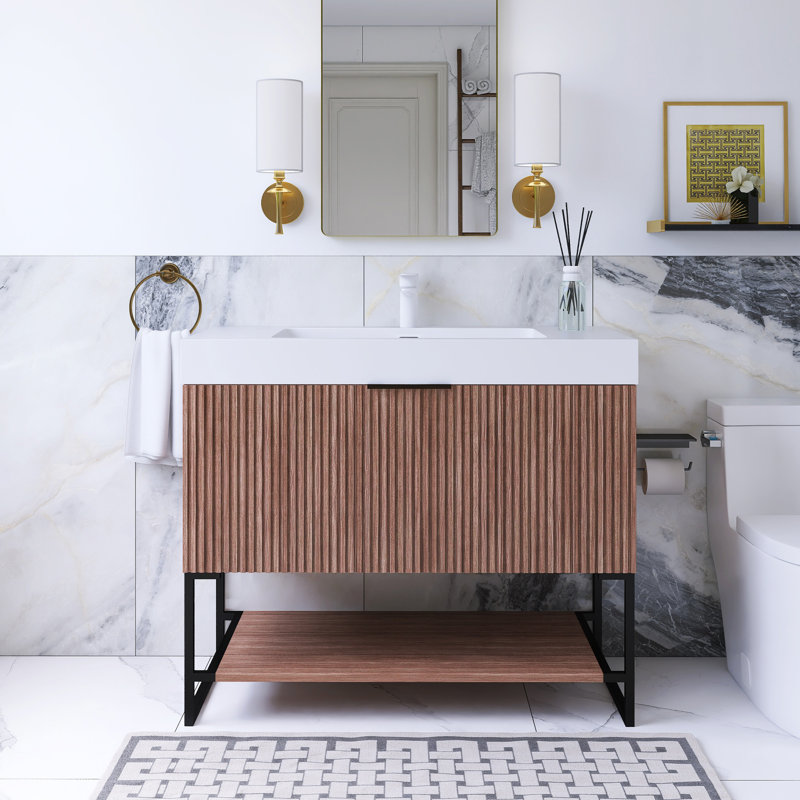 36 po W Meuble-lavabo autoportant avec lavabo blanc, Noyer