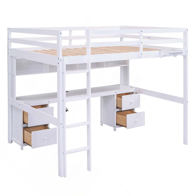 Lit mezzanine double avec bureau, armoires, tiroirs et plateau de chevet, station de charge, White