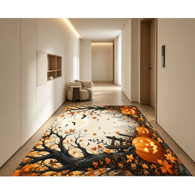 Tapis d'Halloween sur le thème d'Halloween, conception de chauve-souris citrouille effrayante à pleine lune, surface en velours, tapis antidérapant, décoration intérieure festive pour salon, chambre à coucher, entrée, cuisine, balcon, appartement