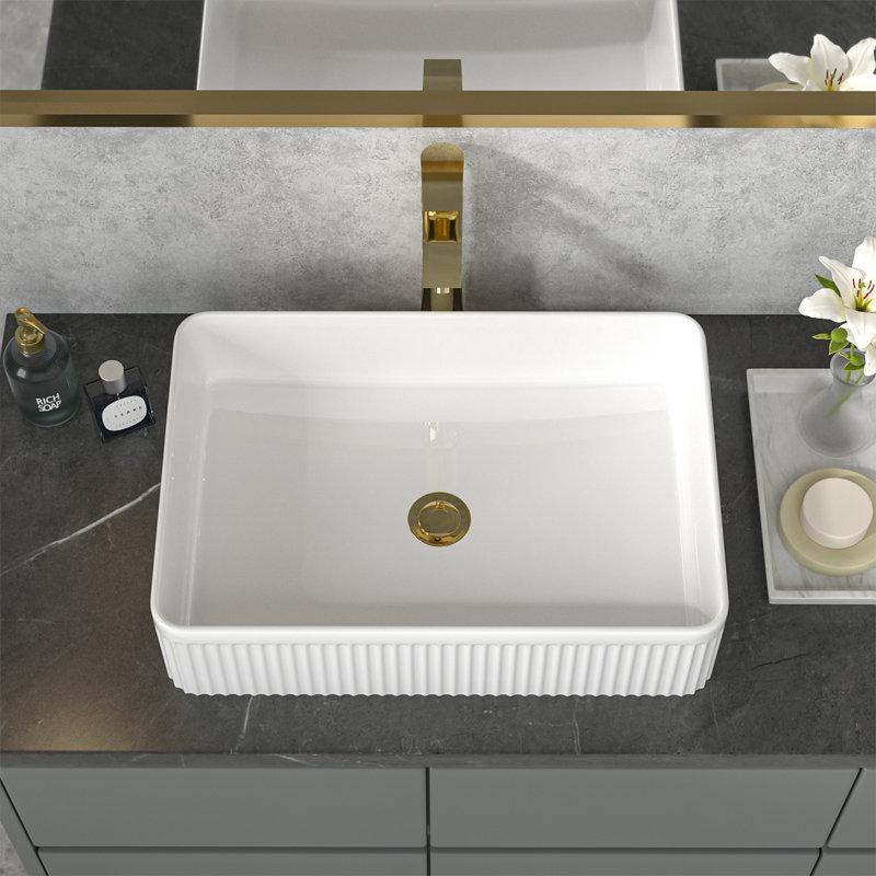 Lavabo vasque rectangulaire en céramique avec lignes décoratives rainurées L 19 po x l 13 po Sarlai