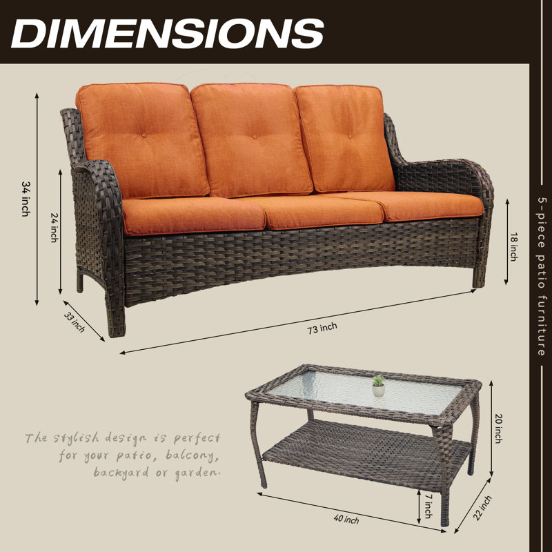 Ensemble de conversation avec canapé et coussins 2 pièces Evelynrose, Orange