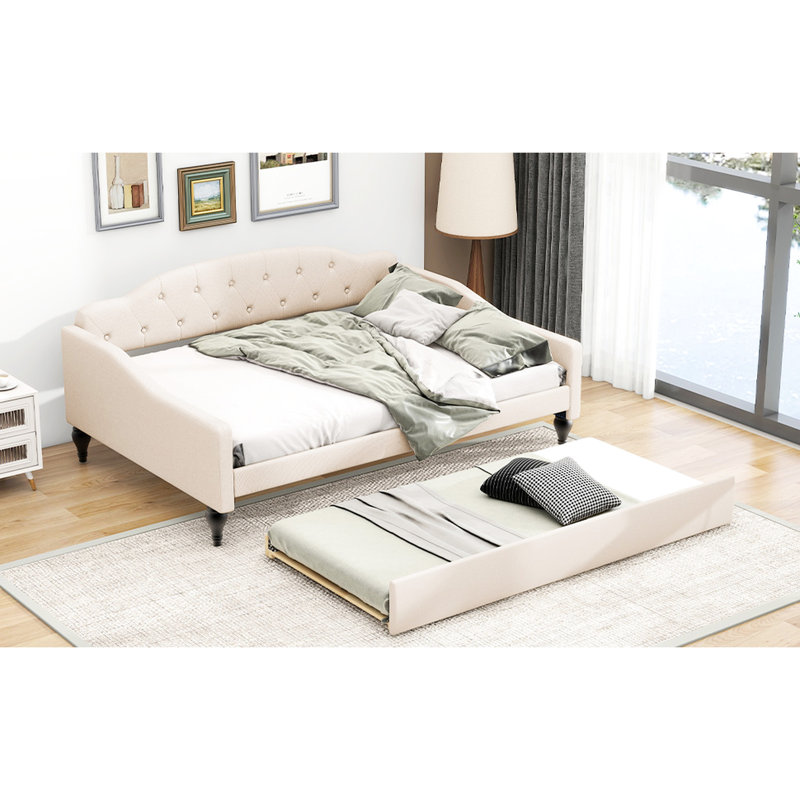 Lit de jour double avec gigogne simple, beige - construction solide pour la longévité, le gigogne rembourré complète divers décors