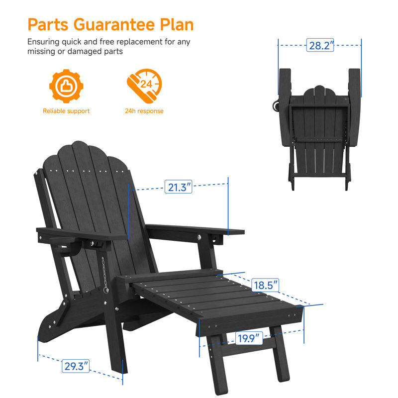  Folding Adirondack Chair with Retractable Ottoman, 3-Postion Adjustable Outdoor Chair, Easy Assembly & Ergonomic Back Support for Patio