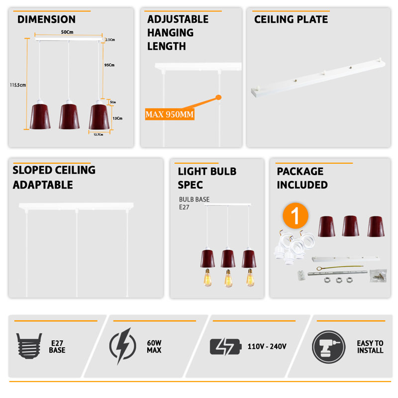Humeyra 3 - Light Kitchen Island Pendant, Yes, Burgundy/White