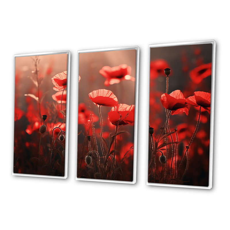 «Red Poppies At Dawn» - ensemble de reproductions d'art mural coquelicots, H 28 po x l 36 po x P 1 po, Cadre flottant blanc