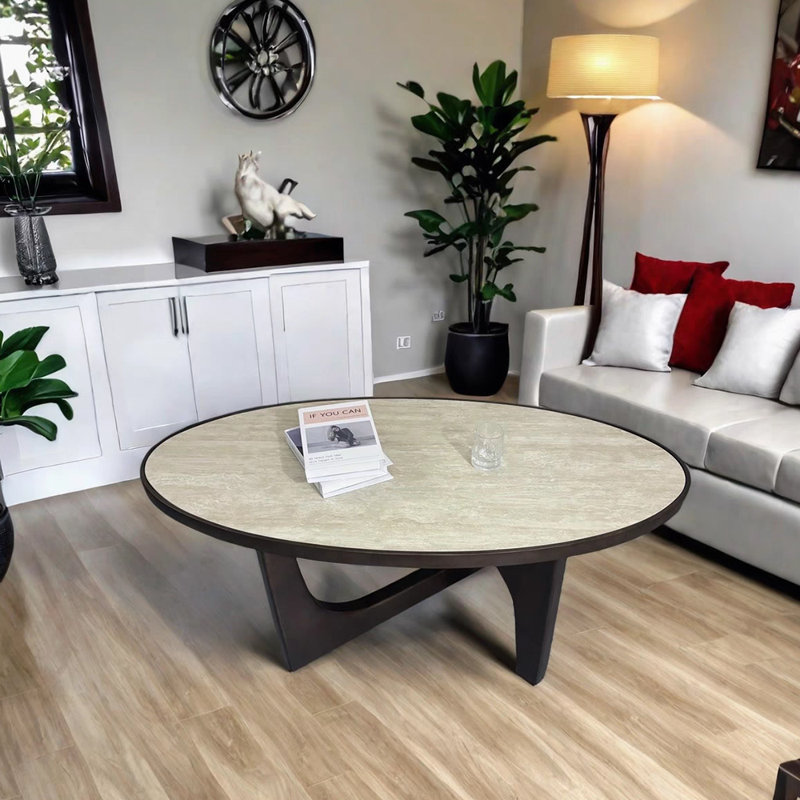 Minimalist travertine solid wood coffee table, 17.71" H x 47.24" L x 23.62" W