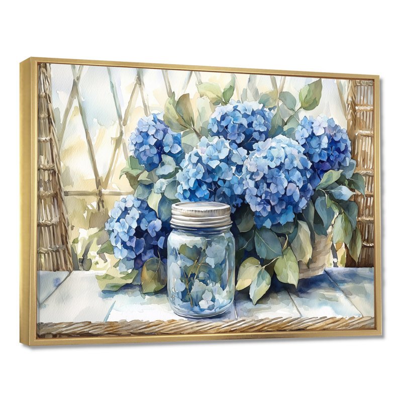 Doris hortensias et eucalyptus II - hydrangées, art mural, H 30 po x l 40 po, Floater Framed, Doré