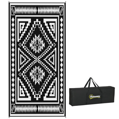 Tapis d'extérieur réversible, tapis de sol en paille de plastique imperméable 9 pi x 18 pi, tapis de camping portatif pour camping-car, grand tapis de jardin, terrasse, pique-nique, plage, patchwork carré noir et blanc