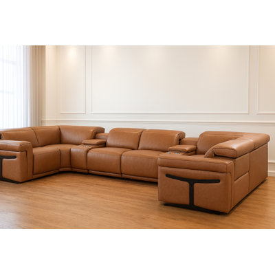 Chestnut Italian Leather Power Reclining U Shaped Eight Piece Sectional With Console