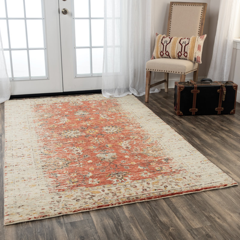 Tapis rouge / beige en laine à motif floral Maratea, Rectangle 10 pi x 13 pi