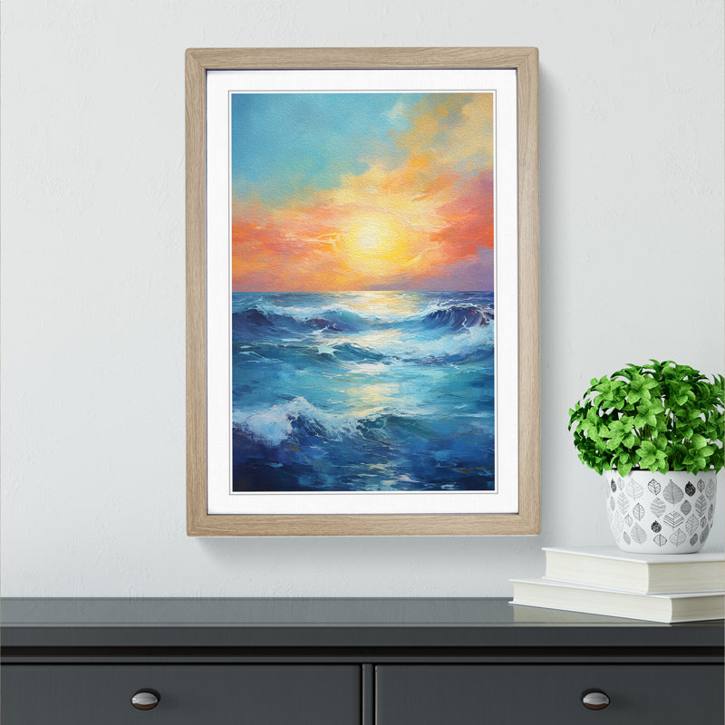 Seascape Gestural No.2 - Single Picture Frame Print on Wood, Oak, 64cm H x 46cm W x 2cm D