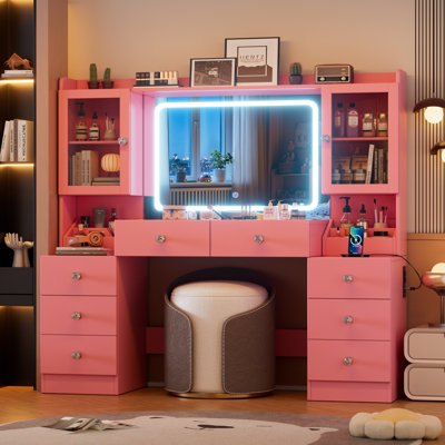 55.1" Large Vanity Desk With Mirror And Lights, Makeup Vanity With Power Outlet And 8 Drawers