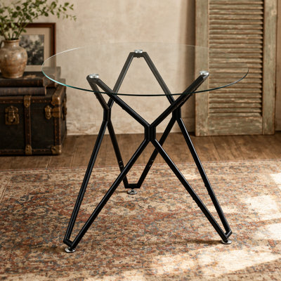 35.4-inch round tempered glass dining table, suitable for 1-4 people, space-saving small kitchen dining table, equipped with sturdy metal table legs, suitable for dining room, living room,Black