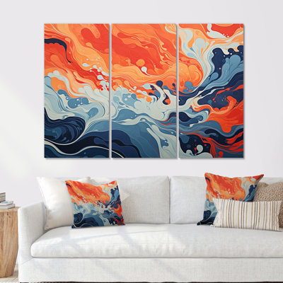 Encre liquide bleue et orange «Waves I» - art mural abstrait à encre liquide
