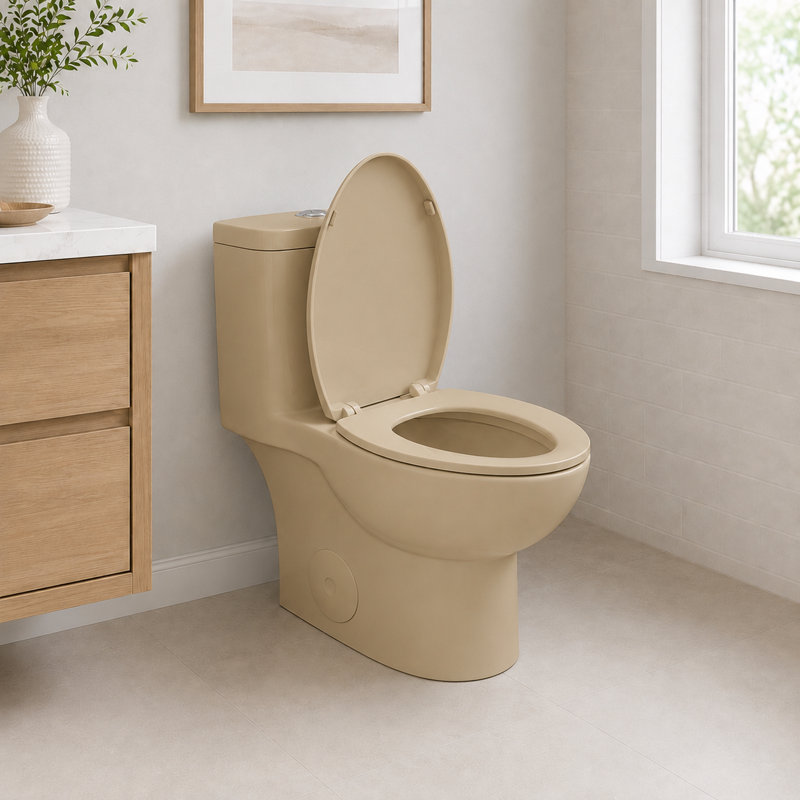 Toilette une pièce sans rebord kaki, hauteur confortable 17 po ADA, chasse double tornade, rugueuse 12 po, Kaki