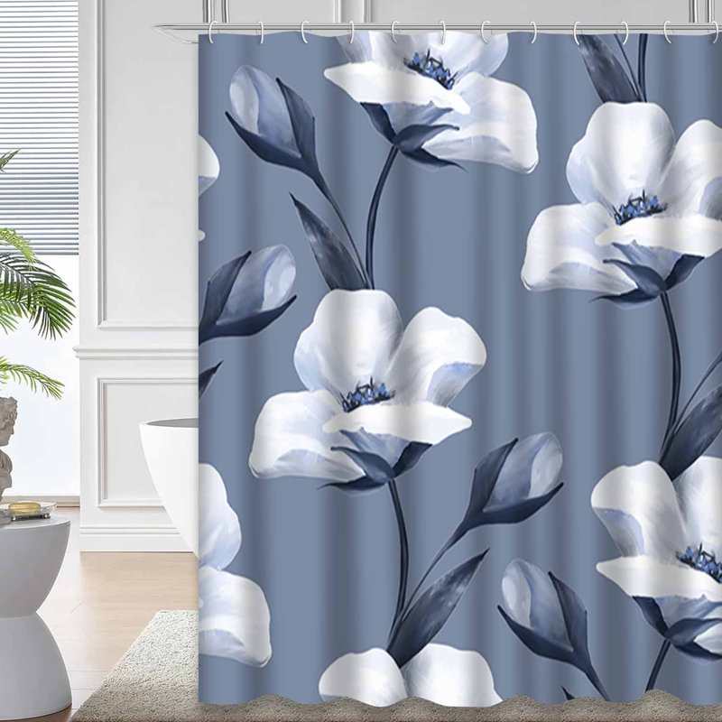 Rideau de douche délicat à motif de fleurs blanches avec 12 crochets, L 72 po x l 84 po