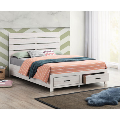 Eastern King Bed In Coastal White Tone, Slatted Headboard, Two Drawers, Wear - Finish, Bedroom Addition Feature Panel With Headboard And Concealed Storage, Solid Wood Attribute, Accent Attribute