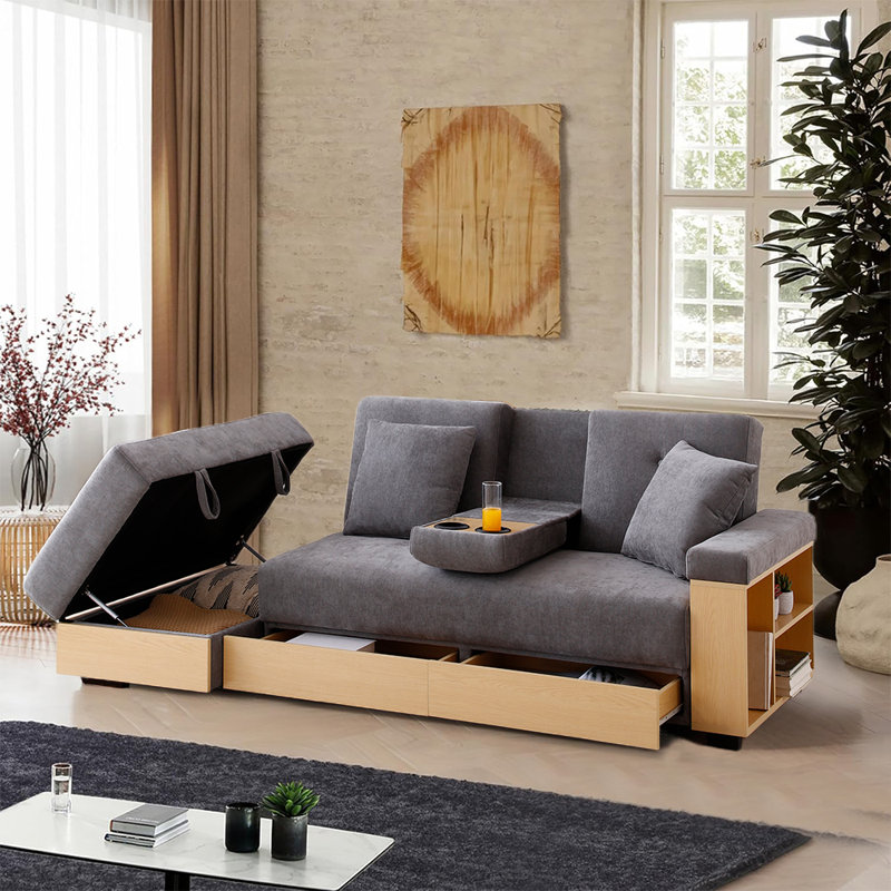 85" Multi-Functional L-Shape Sofa,Sofa Bed With Storage Ottoman And 2-Drawers, Arm Side Shelve, Gray