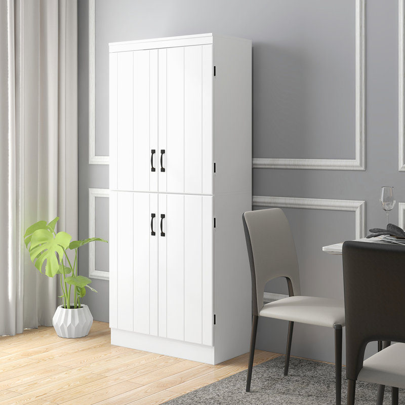 Armoire de 70 po de hauteur pour cuisine et salle à manger, 6 tablettes avec 2 tablettes réglables, 4 portes en garde-manger autoportant blanc, réglable, portes, look