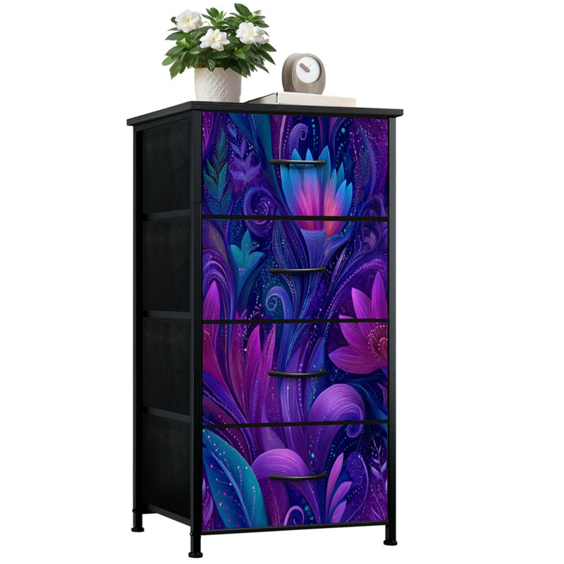 Commode 4 tiroirs à rangement vertical d'inspiration rétro avec tiroirs en tissu