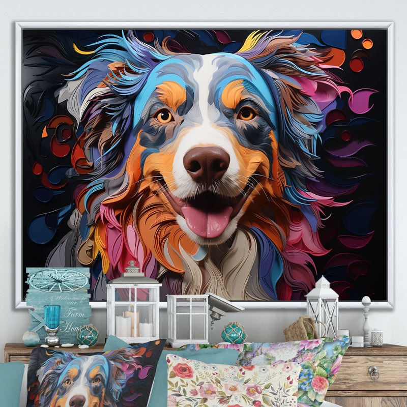 Chien, berger australien, impression sur toile, H 30 po x l 40 po x P 1,5 po, Cadre flottant blanc
