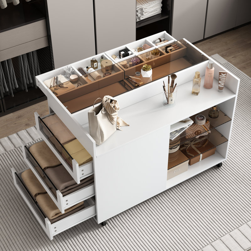  Multi-Functional Storage Island Vanity Console with Glass Display Shelves and Reversible Top, White
