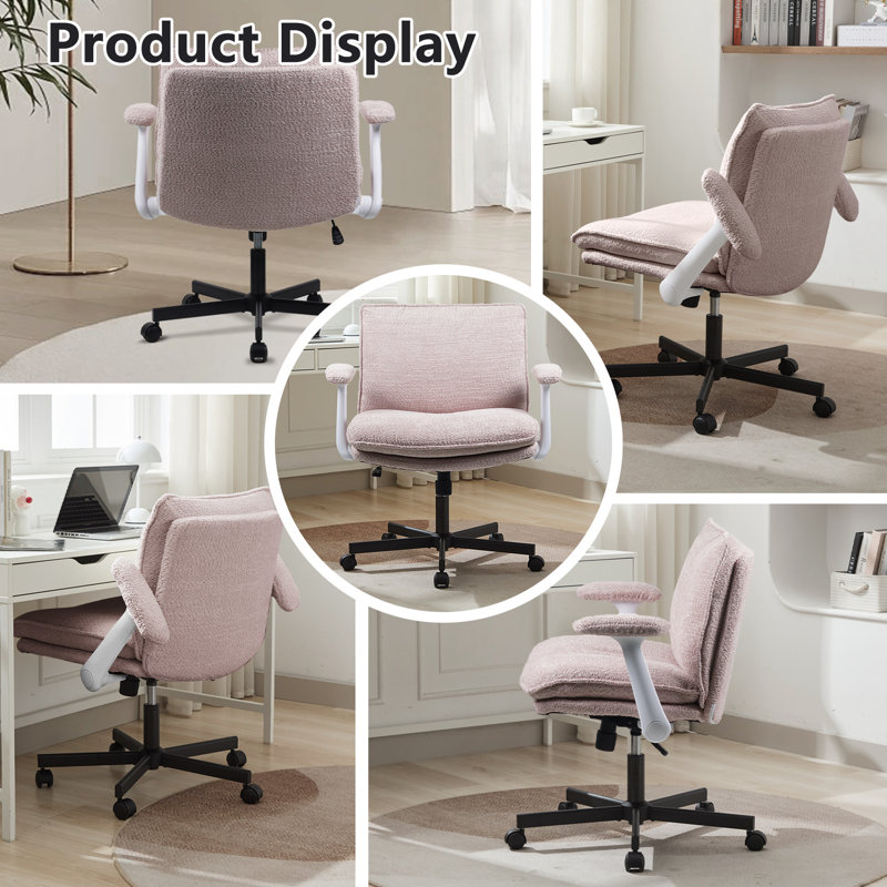 Cross-Legged Teddy  Office Chair With Flip up Armrest &Wide Seat，Ergonomic Fabric Home Office Chair , Pink