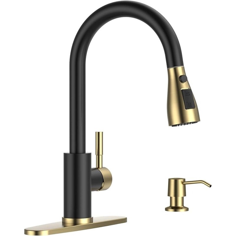 APPASO Black and Gold Kitchen Faucet, Gold Kitchen Faucet with Soap Dispenser and Pull Down Sprayer 3 Modes, High Arch Single Handle Matte Black Kitchen Sink Faucet Stainless Steel