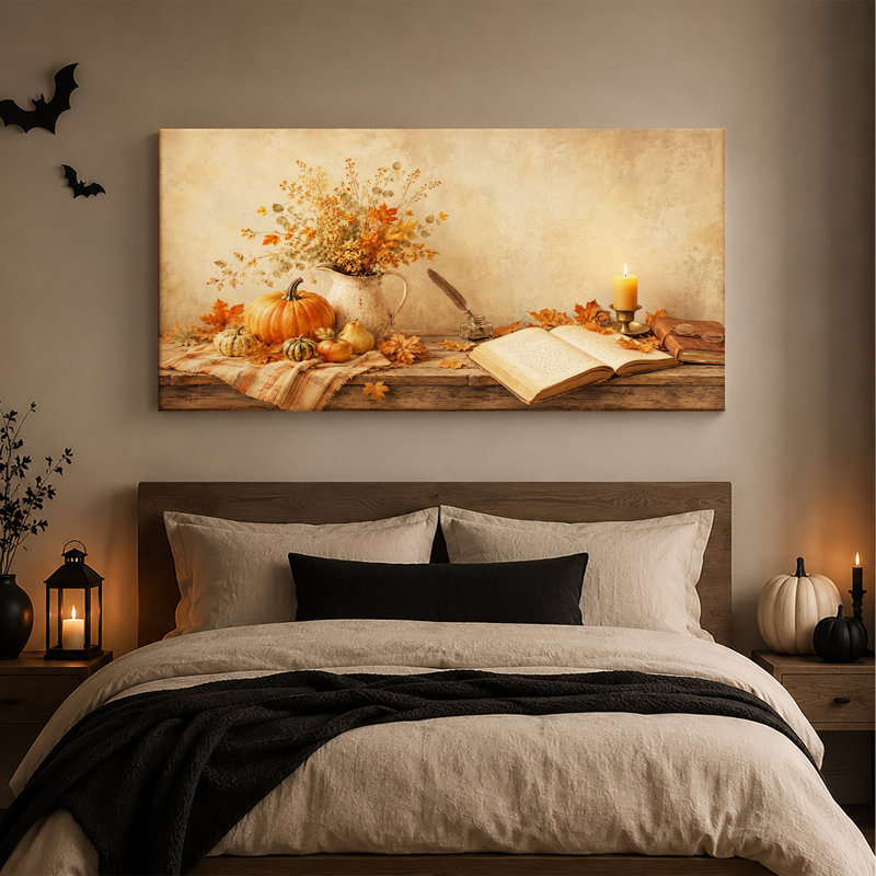 Art sur toile orange citrouille orange et fleurs séchées sur table rustique, L 46 po x H 24 po