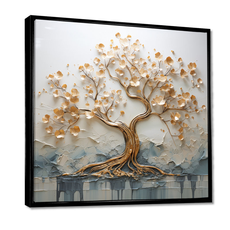 Arbre doré dans un lac au début du printemps I - décoration murale arbre, Cadre flottant blanc, bois massif
