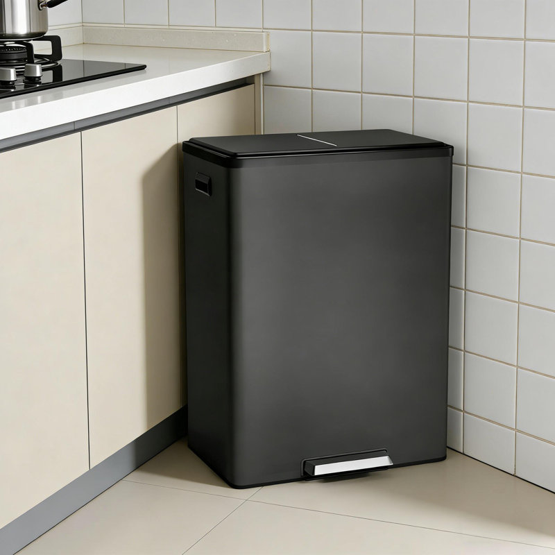 Poubelle de cuisine 2 x 8 gallons en acier inoxydable 2 x 30 L (60 L) avec double compartiment, couvercle et pédale, Noir