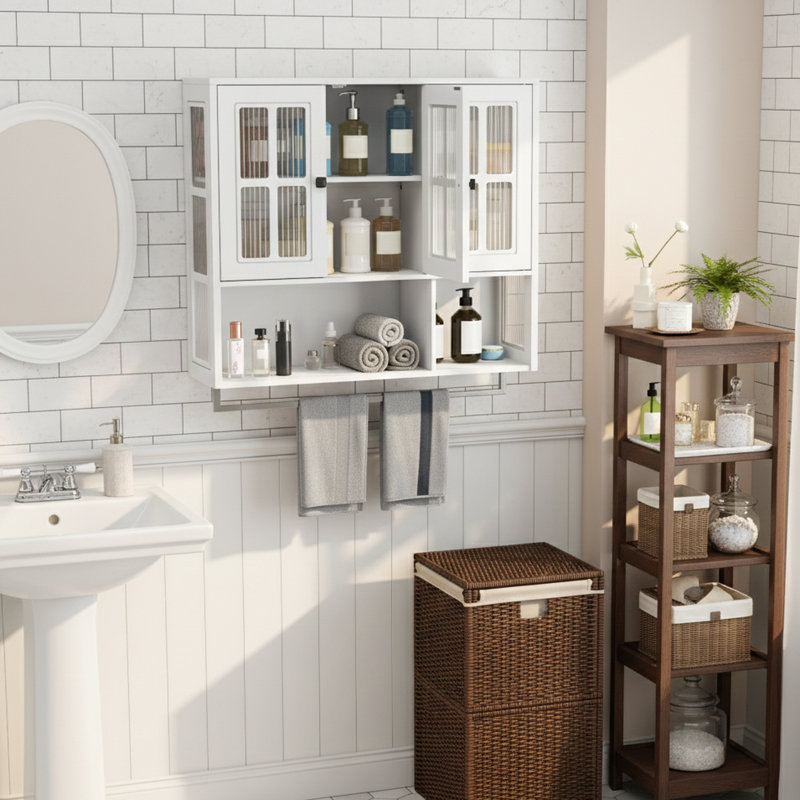 Armoire murale moderne en bois à 3 portes avec rangement ouvert et caché, porte en verre et porte-serviettes pour une utilisation polyvalente