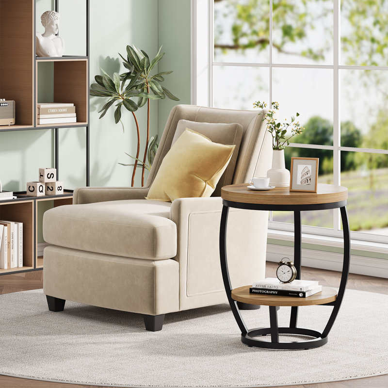 Table de bout ronde avec tablettes de rangement, table d'appoint peu encombrante pour canapé ou chevet, structure en métal avec plateau en panneau de fibres à densité moyenne, petite table d'appoint pour le salon et la chambre à coucher, brun clair et noir