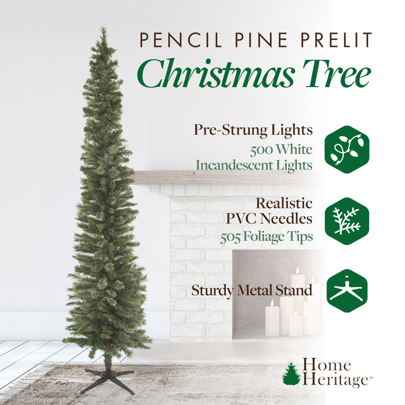 Home Heritage 9 Foot Pre-Lit Artificial Stanley Pencil Christmas Tree With Stand