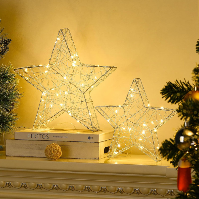 Lampe de table décorative, paquet de 2, lampe de bureau à DEL avec étoile scintillante alimentée par pile / USB et fonction minuterie, lampe de chevet en fer forgé à lumière chaude pour la chambre à coucher, argent