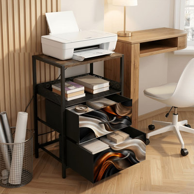 2 Drawers Nightstand with Charging Station, Bedroom Nightstand with USB Ports, Outlets Open Shelf Black, night stand with Abstract Black White Copper Metallic Wave Elegant Fluid Motion Design Print