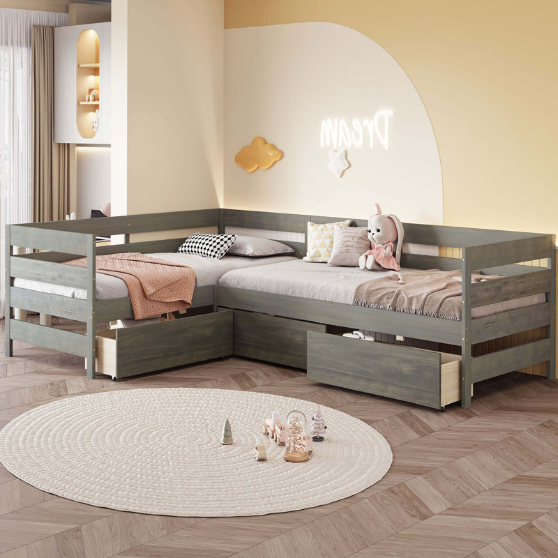 Lit plateforme en L avec trois tiroirs de rangement