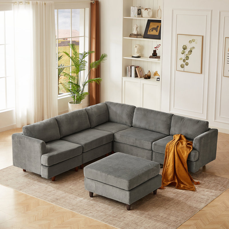 Canapé-lit modulaire moderne 6 places revêtu de velours côtelé, Gris